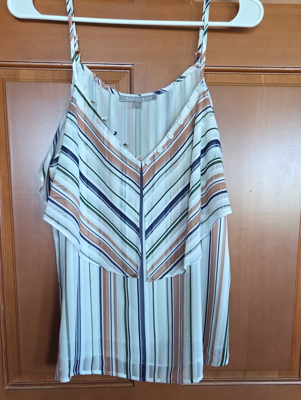 Daniel Rainn Striped Ruffle V-Neck Cami - Cream, Navy, Rust, Olive Lined